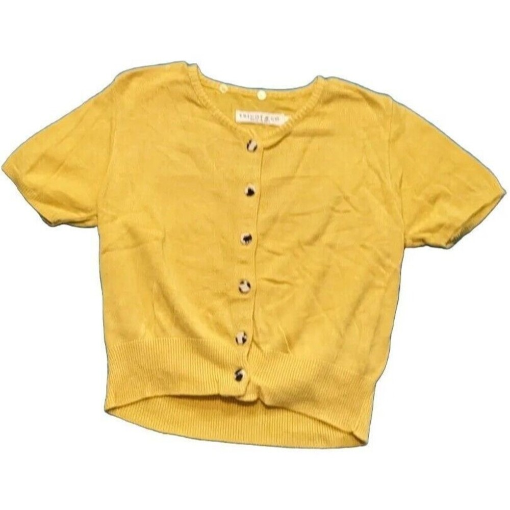 Tricot & Co Womens Yellow Fitted Sweater Tee Black & White Buttons Sz L
